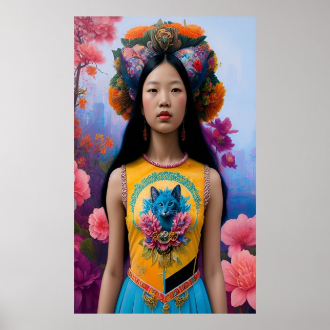 Cat lover girl with flowers poster (Front)
