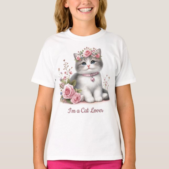 Cat Lover Grey Kitten Pink Roses  T-Shirt (Front)