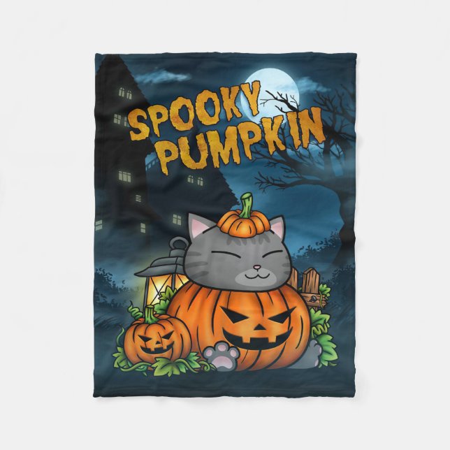Cat Lover Halloween Cat Pumpkin Fleece Blanket (Front)