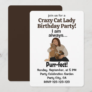 Cat Lover I am Purr-fect Crazy Cat Lady Birthday  Invitation