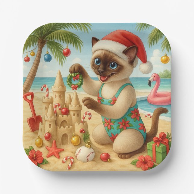 Cat Lover of Christmas in July Holiday themed Paper Plate (Front)