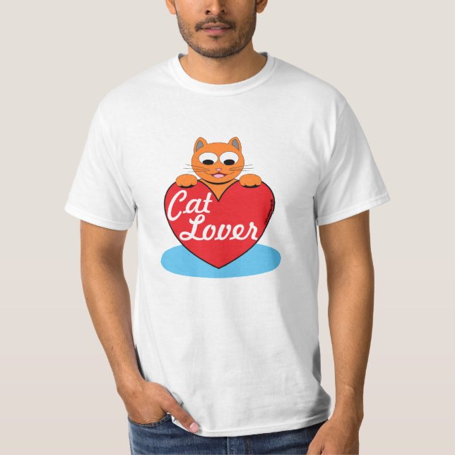 Cat Lover Orange Cartoon Cat with Red Heart T-Shirt (Front)