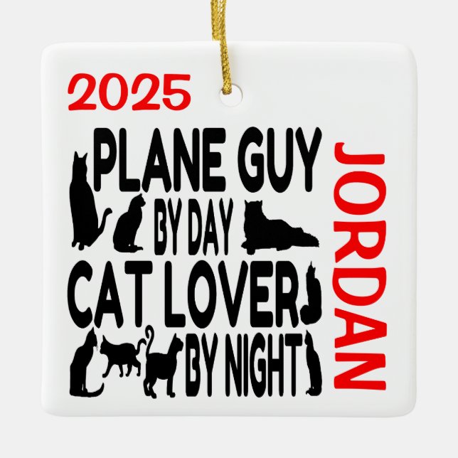 Cat Lover Plane Guy CUSTOM Ceramic Ornament (Front)