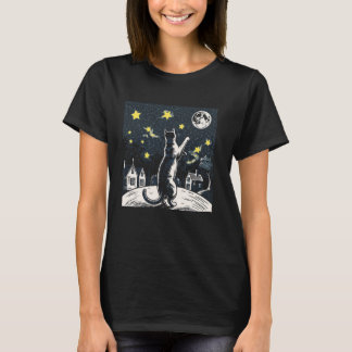 Cat Lover Reaching for Stars Moon Sky Kitten Felin T-Shirt