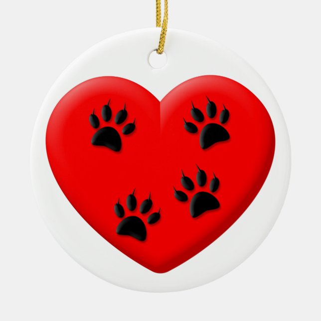 Cat Lover Red Heart And Paws Classic Ceramic Tree Decoration (Front)