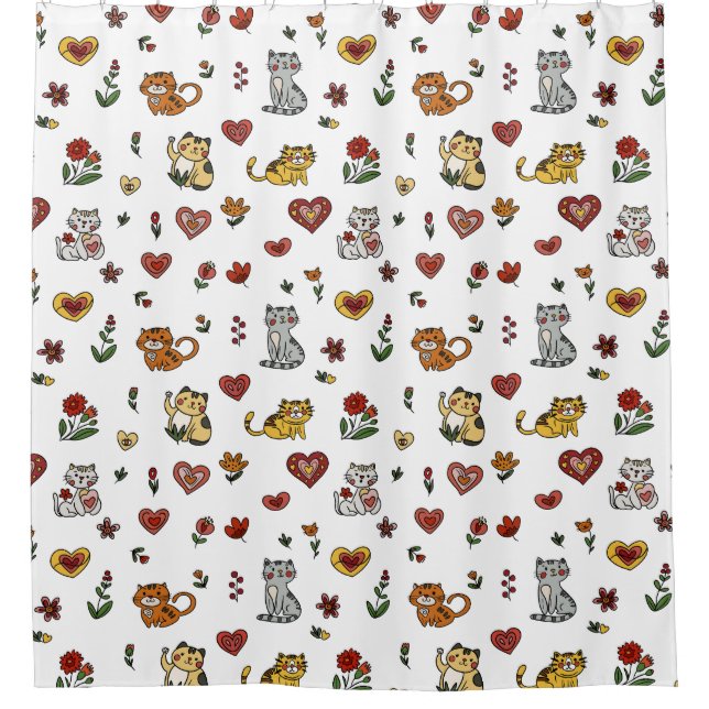 Cat Lover’s Shower Curtain: Kittens and Hearts Curtain (Front)