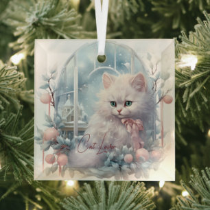 Cat Lover White Kitten Pink Bow and Balls Glass Tree Decoration