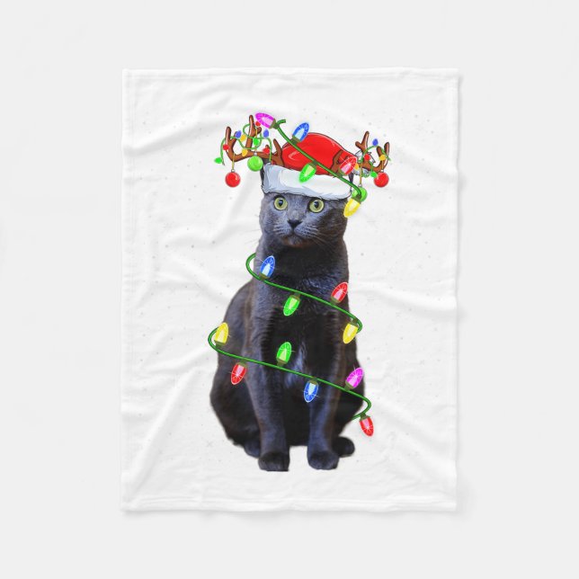 Cat Lover Xmas Lighting Santa Russian Blue Cat Chr Fleece Blanket (Front)