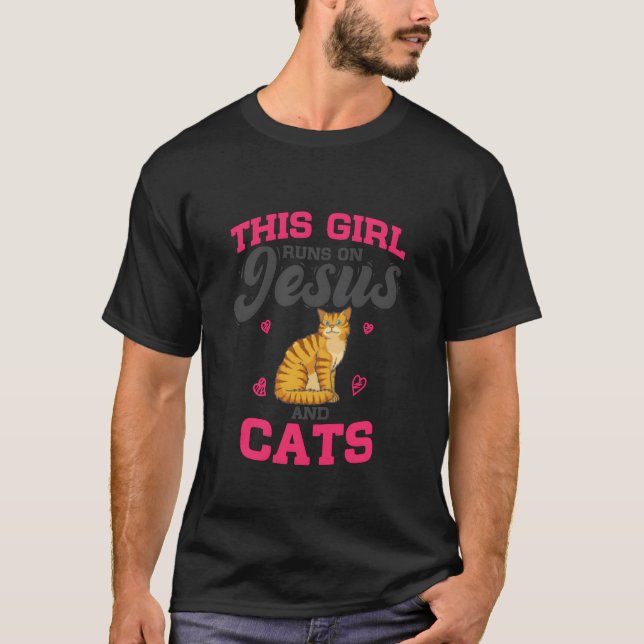 Cat Loverhis Girl Runs On Jesus And Cats retro T-Shirt (Front)
