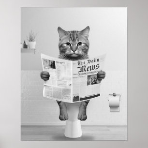 Cat Lovers Bathroom Wall Art, Black and White Cat Poster