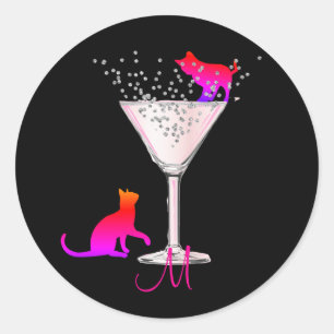 Cat Lovers Bubbles Modern Black Cocktail Monogram Classic Round Sticker