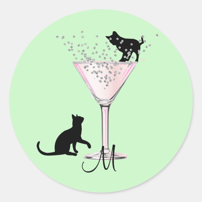 Cat Lovers Bubbles Modern Green Cocktail Monogram Classic Round Sticker (Front)