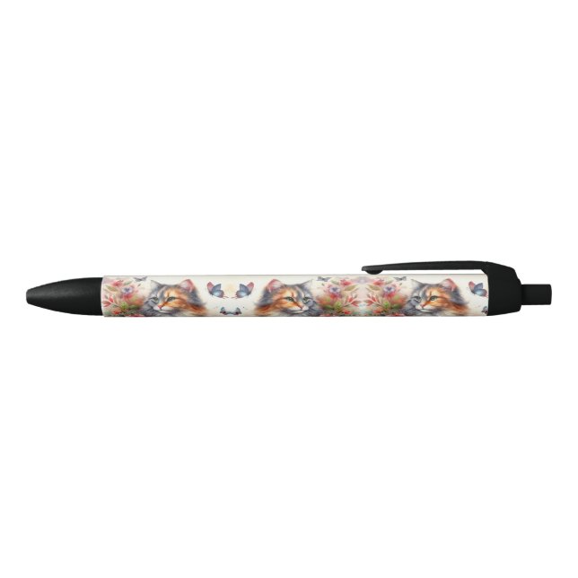 Cat Lovers Calico Cat Floral Writing  Black Ink Pen (Top)