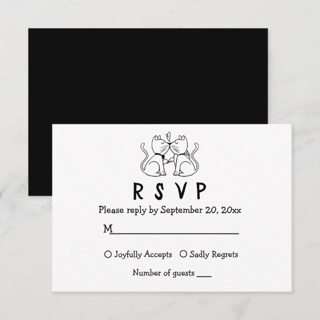Cat Lovers Cartoon Kitty White Black Wedding RSVP Card (Front/Back)