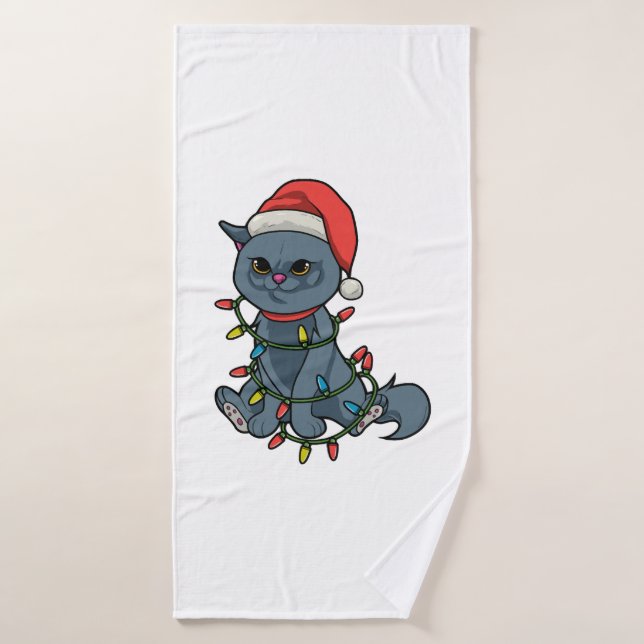 Cat Lovers Christmas Gift Kitten Xmas Light Santa Bath Towel (Bath Towel)