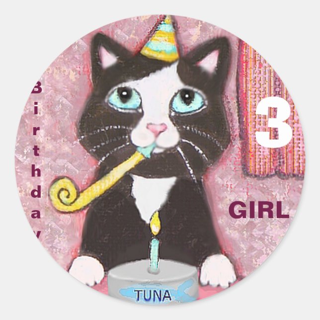 Cat Lover's Custom Age Round Birthday Stickers (Front)