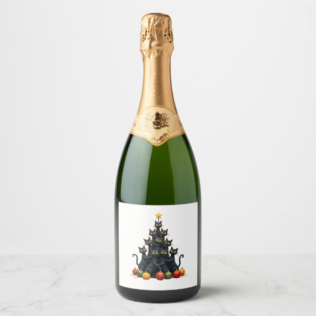 Cat Lovers Cute and Funny Holiday Tree Christmas 2 Sparkling Wine Label (Front)