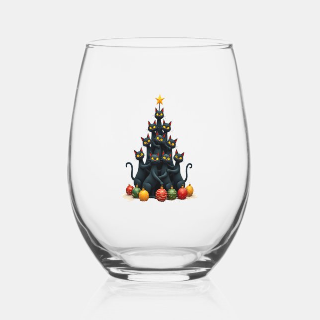 Cat Lovers Cute and Funny Holiday Tree Christmas 2 Stemless Wine Glass (Front)