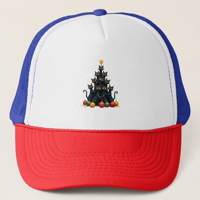 Cat Lovers Cute and Funny Holiday Tree Christmas 2 Trucker Hat (Front)