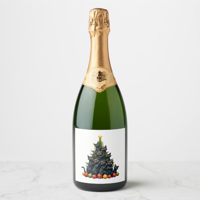 Cat Lovers Cute and Funny Holiday Tree Christmas 3 Sparkling Wine Label (Front)