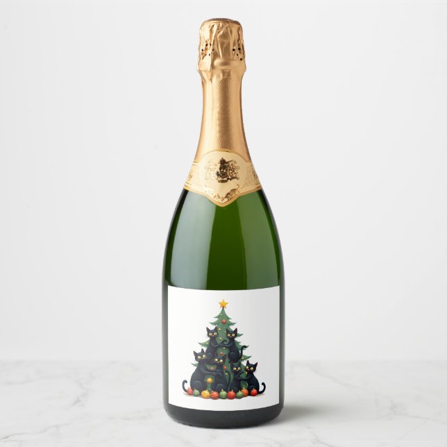 Cat Lovers Cute and Funny Holiday Tree Christmas 4 Sparkling Wine Label (Front)