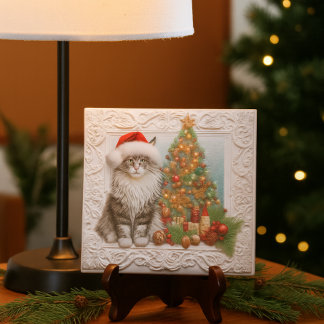 Cat Lovers Embossed Christmas Holiday  Tile