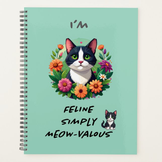 Cat lovers floral Tuxedo cat planner  (Front)