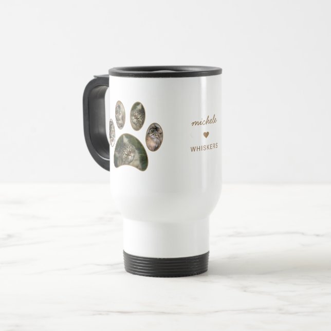 Cat Lovers Gold Paw Print Name Photo Collage Travel Mug (Front Left)