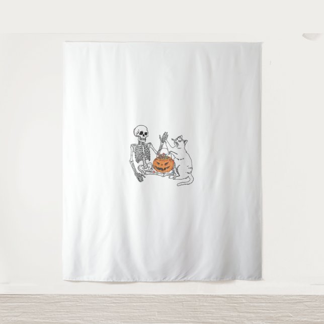 Cat Lovers Halloween Funny Skeleton and Cat Lazy C Tapestry (Front)