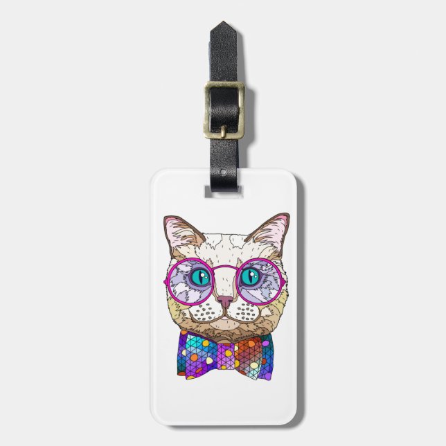 Cat lover's HIPSTER CAT, personalised Luggage Tag (Front Vertical)