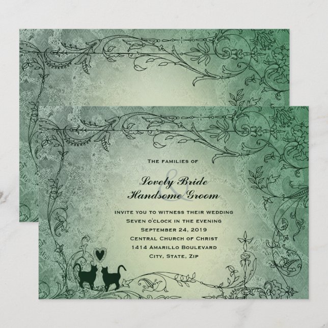 Cat Lovers Ornate Green Vintage Wedding Invitation (Front/Back)