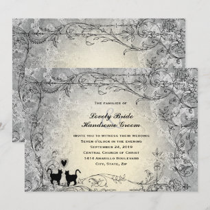 Cat Lovers Ornate Grey Gold Vintage Wedding Invitation