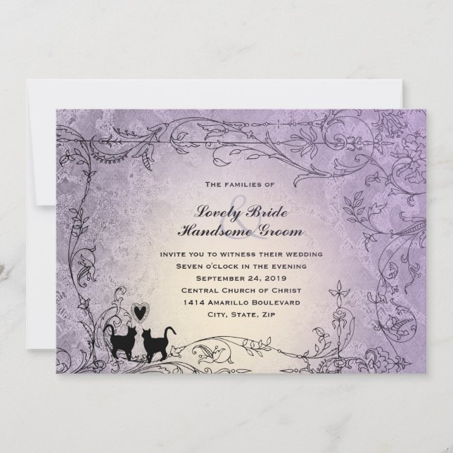Cat Lovers Ornate Lavender Vintage Wedding Invitation (Front)