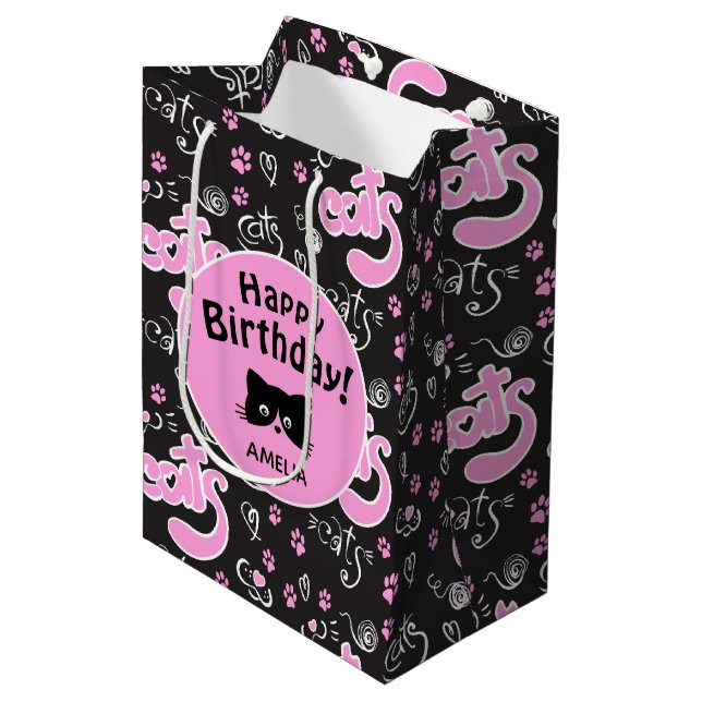 Cat Lovers Pink and Black Personalised Birthday Medium Gift Bag (Front Angled)