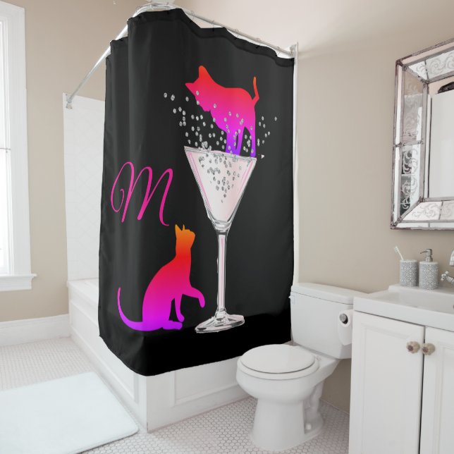 Cat Lovers Pink Black Modern Monogram Shower Curtain (In Situ)