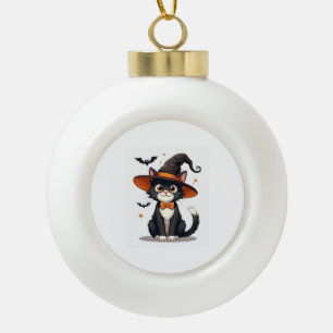 Cat Lovers Witches Hat on Tuxedo Cat Halloween Men Ceramic Ball Christmas Ornament