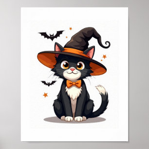 Cat Lovers Witches Hat on Tuxedo Cat Halloween Men Poster