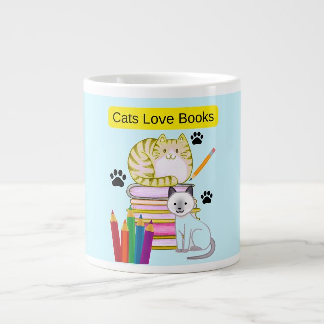 Cat Loves Books Large Coffee Mug (Front)