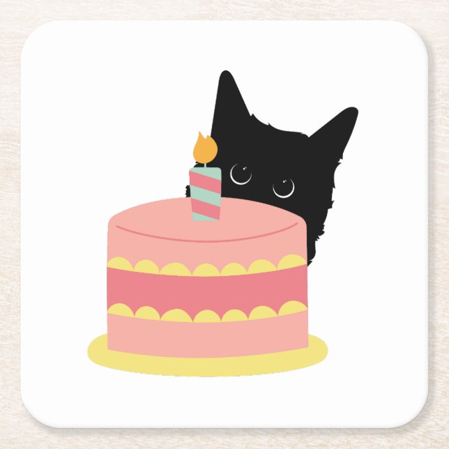 Cat Loves Cake Square Paper Coaster (Front)