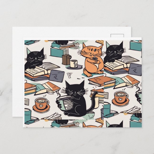 Cat Loving coffee drinking book Reader Postcard (Front/Back)