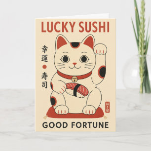Cat Lucky Sushi Maneki Neko Illustration, Japanese Card