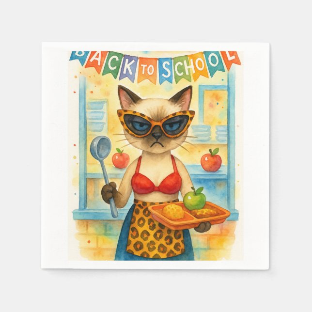 Cat Lunch Lady Serving Food Back to School Themed Napkin (Front)
