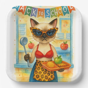 Cat Lunch Lady Serving Food Back to School Themed Paper Plate