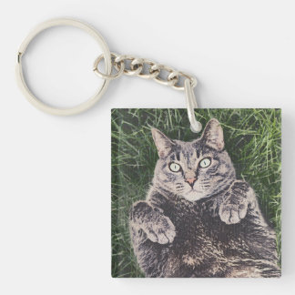 Cat Lying in the Grass Key Ring