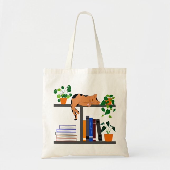 Cat Lying on a Bookshelf, Cat Book And Plant Gift Tote Bag (Front)