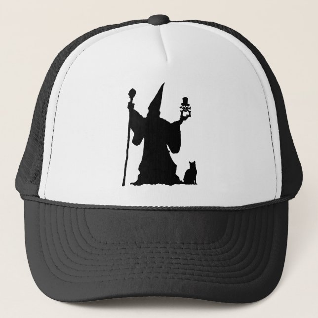 Cat Magic Silhouette Skull Sorcerer Staff Wizard. Trucker Hat (Front)
