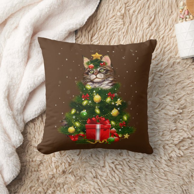 Cat Maine Coon Cat Xmas Tree Lights Cat Lover Ugly Cushion (Blanket)