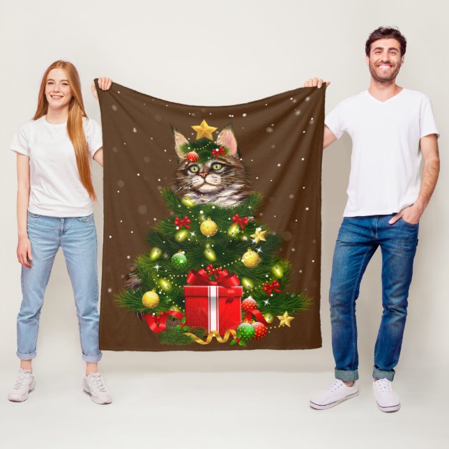 Cat Maine Coon Cat Xmas Tree Lights Cat Lover Ugly Fleece Blanket (In Situ)