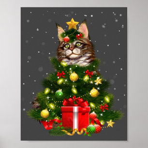 Cat Maine Coon Cat Xmas Tree Lights Cat Lover Ugly Poster