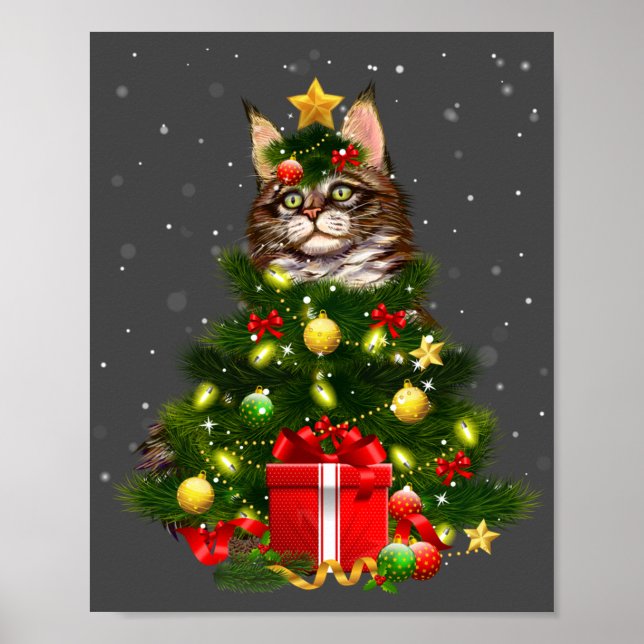 Cat Maine Coon Cat Xmas Tree Lights Cat Lover Ugly Poster (Front)